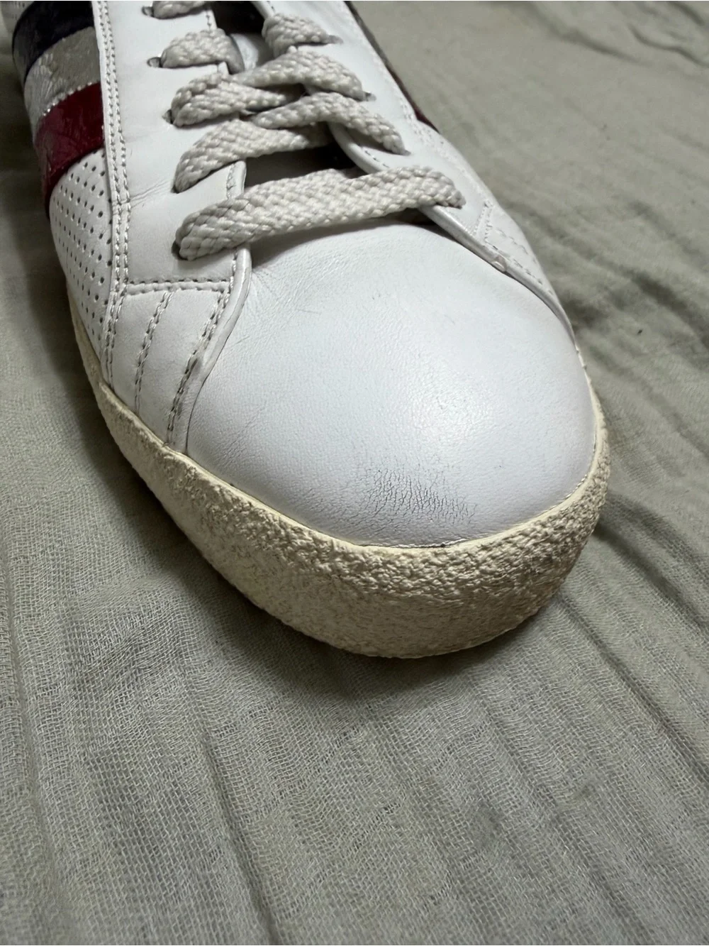 Moncler Ryegrass White Leather Sneaker with Red, Silver & Blue Metallic Stripes